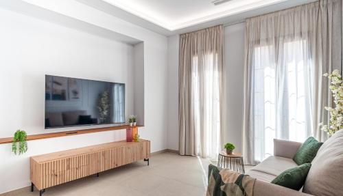 阿利坎特Myflats Luxury Cathedral的客厅设有壁挂式平面电视。