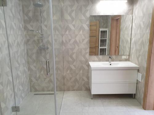 GrobiņaCrow's nest的带淋浴、盥洗盆和镜子的浴室