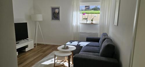 卡尔夫Ferienwohnung Auszeit的客厅配有蓝色的沙发和电视