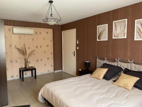 索恩河畔贝尔维尔Domaine de la Noiseraie - Suites spacieuses的一间卧室设有一张大床和一张带照片的墙壁