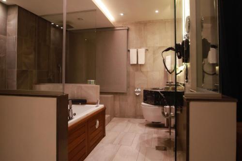 安曼Monarch Hotel Amman的带浴缸、卫生间和盥洗盆的浴室