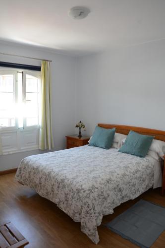 普拉亚布兰卡Sounds of The Sea Apartment的一间卧室配有一张带蓝色枕头的大床