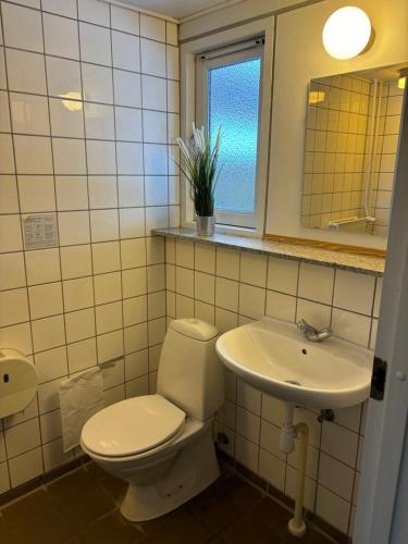 奥尔堡Danhostel Aalborg的一间带卫生间和水槽的浴室