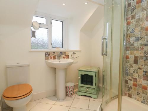 比明斯特Poppy Cottage的浴室配有卫生间、盥洗盆和淋浴。