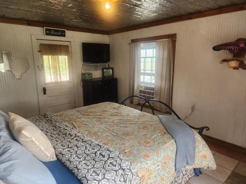 班德拉Cabin in the Woods under the Stars with HOT TUB的卧室配有一张床,墙上配有电视。
