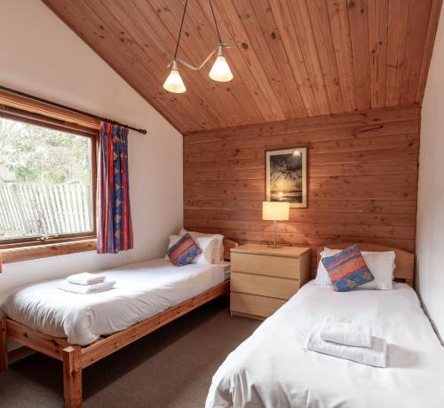 金克雷格因什湖小木屋有限公司酒店的木墙客房的两张床