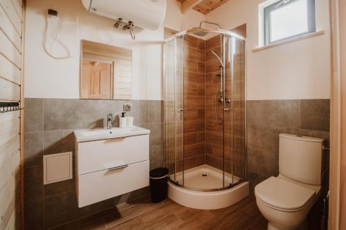 斯蒂格纳Morze Tu的带淋浴、卫生间和盥洗盆的浴室