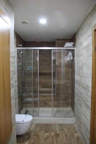 伊斯坦布尔Vplus hotel atasehir的浴室设有玻璃淋浴间和卫生间