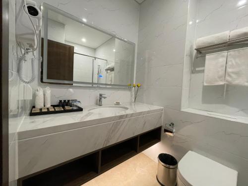 吉布提Escale International Hotel的白色的浴室设有水槽和卫生间。