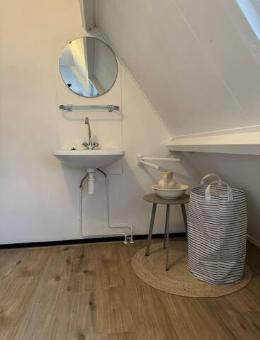 诺德韦克Hello Noordwijk - Tiny House Dahliastraat 60的一间带水槽、镜子和桌子的浴室