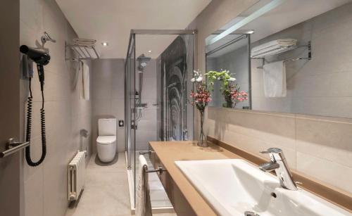 马德里NH马德里组尔巴诺酒店的一间带水槽、镜子和卫生间的浴室
