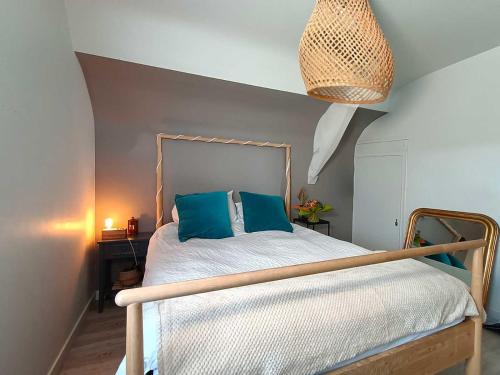 拉瓦勒Appartement et Maison Espace Mayenne的一间卧室配有一张带蓝色枕头的床。