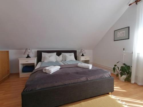 佐洛卡罗斯Ágnes Nyaralóház的一间卧室配有一张大床和两个枕头
