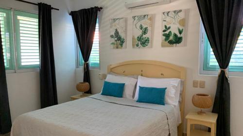 拉斯特拉纳斯Excelente apartamento en Las Terrenas, Playa Punta Popi.的一间卧室配有一张带蓝色和白色枕头的床