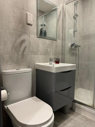 伦敦Forestroom的浴室配有卫生间、盥洗盆和淋浴。
