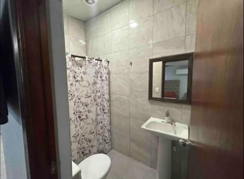 维多利亚城PATO´S的一间带卫生间、水槽和镜子的浴室