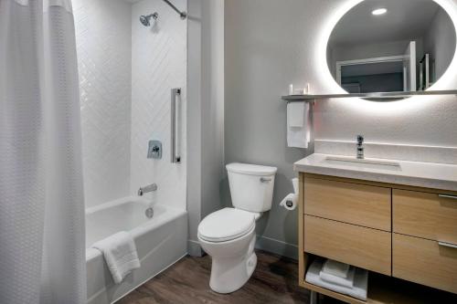 伦瑟姆TownePlace Suites By Marriott Wrentham Plainville的一间带卫生间、水槽和镜子的浴室