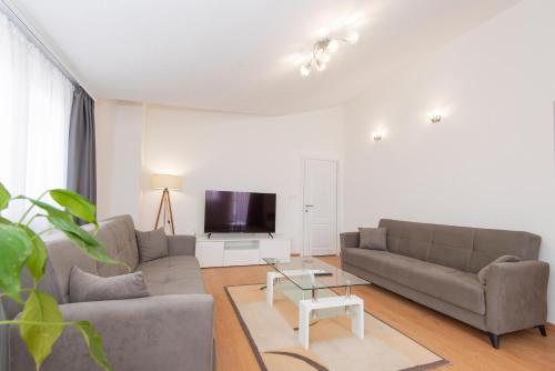 蒂瓦特Hillside Vista Apartments的客厅配有两张沙发和一台电视机