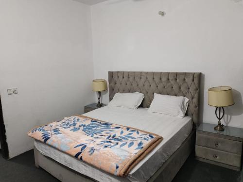 拉合尔Syedah 's Homestay的一间卧室配有一张带2个床头柜和2盏灯的床。