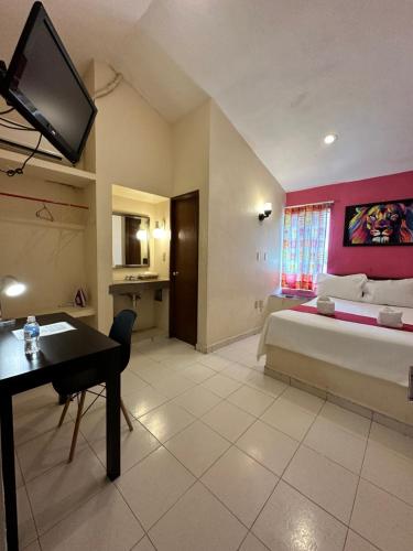 坎佩切巴兰基亚酒店的一间卧室配有一张床、一张书桌和一台电视。