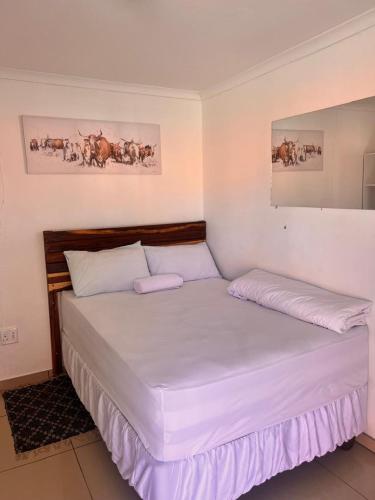 温特和克Comfort Guesthouse的一间卧室配有一张带白色床单和绘画的床。