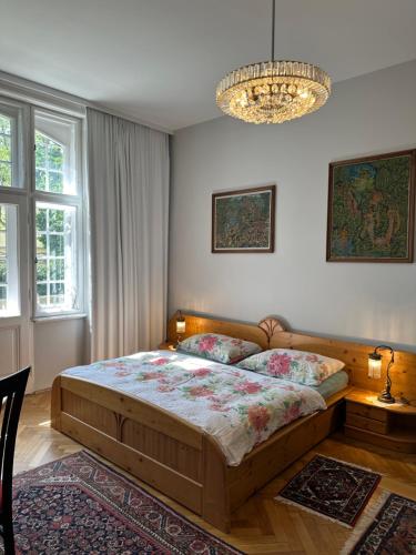 巴特弗斯劳Villa Pazelt Top4的一间卧室配有一张大床和一个吊灯。