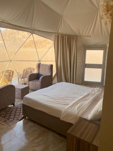 瓦迪拉姆Wadi Rum Ali Bubble camp的一间卧室设有一张大床和一个窗户。