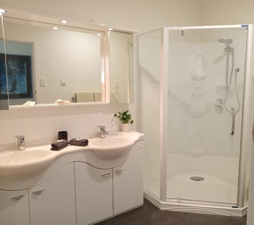 基督城Mount Pleasant Views的白色的浴室设有水槽和淋浴。