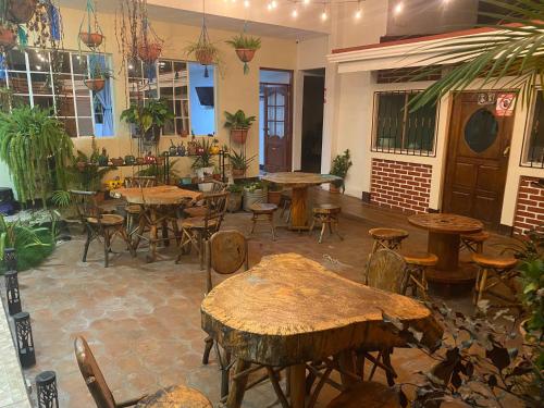 SomotoHostal San José的餐厅设有木桌和椅子,种有植物