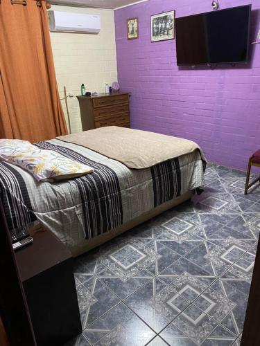 洛斯安第斯Hasta 4 per. dormitorio principal y otro con 2 camas的一间卧室配有一张床和紫色的墙壁
