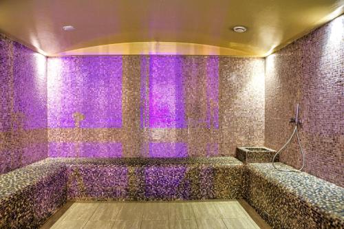 波亚纳布拉索夫Albert Residence Grand Chalet & SPA Poiana Brașov的紫色瓷砖浴室设有紫色灯淋浴