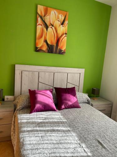 马萨龙Carolina apartamento de Luxe的一间卧室配有一张带紫色枕头的床和一幅画