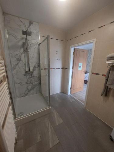 BradfieldPadley Farm的带淋浴的浴室和玻璃门