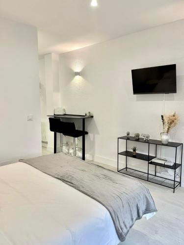 柯米拉斯Apartamentos Val de Comillas的一间卧室配有一张床、一张书桌和一台电视