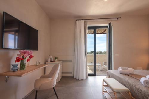 法萨诺Casale degli Ulivi by Apulia Hospitality的一间卧室配有一张床、一张书桌和一台电视