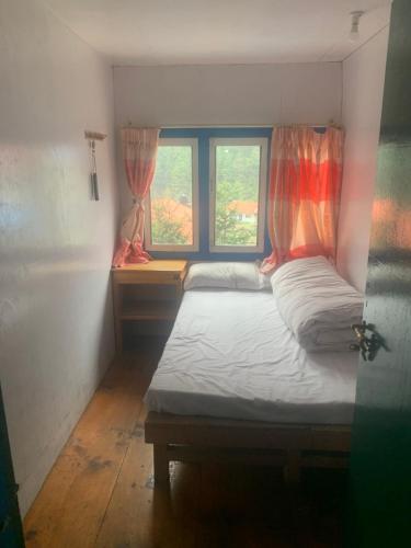 ChaunrikharkaBuddha Lodge的一间卧室设有两张床和两个窗户。