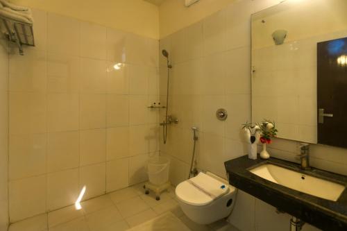 兰纳加Hridey Retreat Resort的一间带卫生间、水槽和镜子的浴室