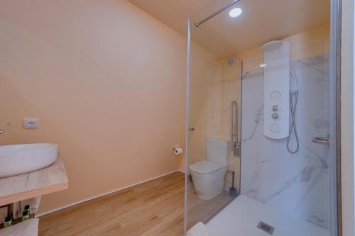 派瓦堡Cabana Oliveira的带淋浴、卫生间和盥洗盆的浴室