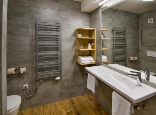 斯尼Hotel Srní的一间带水槽、卫生间和镜子的浴室