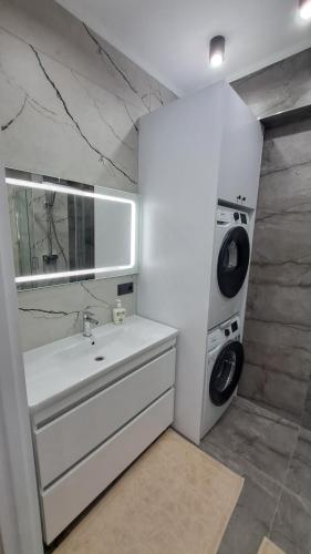 基希讷乌АЭРОПОРТ-НОМЕРА-ТАКСИ-ПАРКИНГ的一间带水槽和洗衣机的浴室