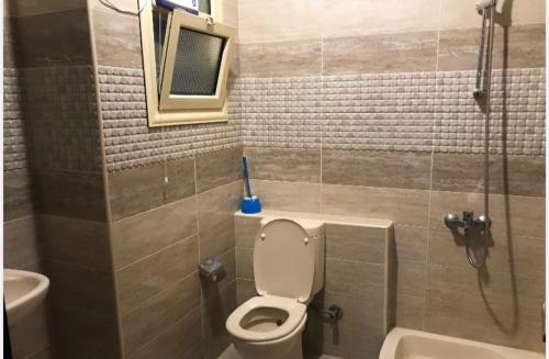 艾因苏赫纳LASIRENA PALM BEACH RESORT -FAMILY的浴室配有卫生间、盥洗盆和淋浴。