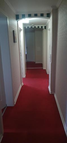 WissenAlte-post的铺有红地毯和红色地板的走廊