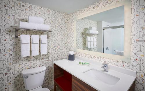 奥克维尔Holiday Inn & Suites Oakville at Bronte, an IHG Hotel的一间带卫生间、水槽和镜子的浴室
