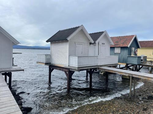 NesoddtangenFlaskebekk at Nesodden with unbeatable Oslo Fjord views and a private beach hut的水面上一排房子