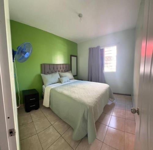 纳瓜casa nagüera的一间卧室设有一张床和绿色的墙壁