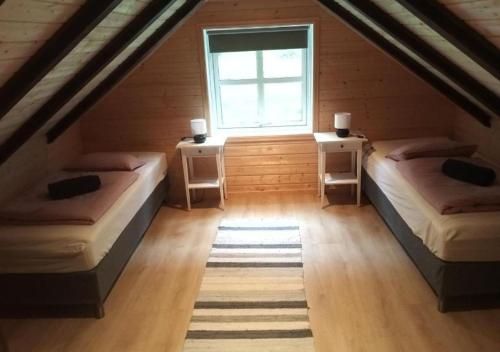 艾菲约德An authentic experience in picturesque Eidfjord的阁楼间 - 带两张床和窗户