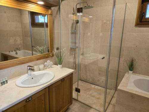 拉兹洛格Boutique Holiday Pirin Golf的一间带水槽和淋浴的浴室
