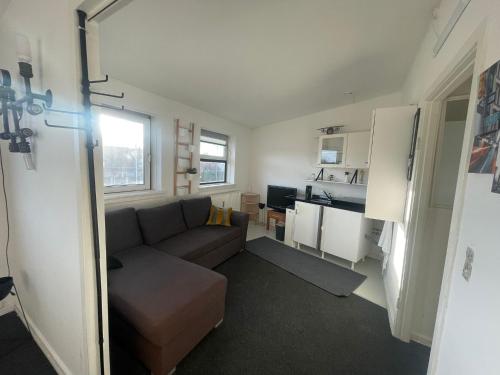 哥本哈根Airport Room的带沙发的客厅和厨房