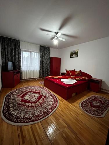 舒加塔格盐矿镇Casa Chindris的一间卧室配有一张红色的床和两张地毯。