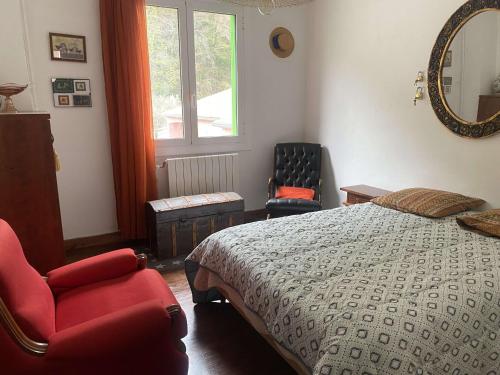 普拉德莫洛拉普雷斯特Appartement Prats-de-Mollo-la-Preste, 3 pièces, 6 personnes - FR-1-659-60的一间卧室配有一张床、一把椅子和镜子